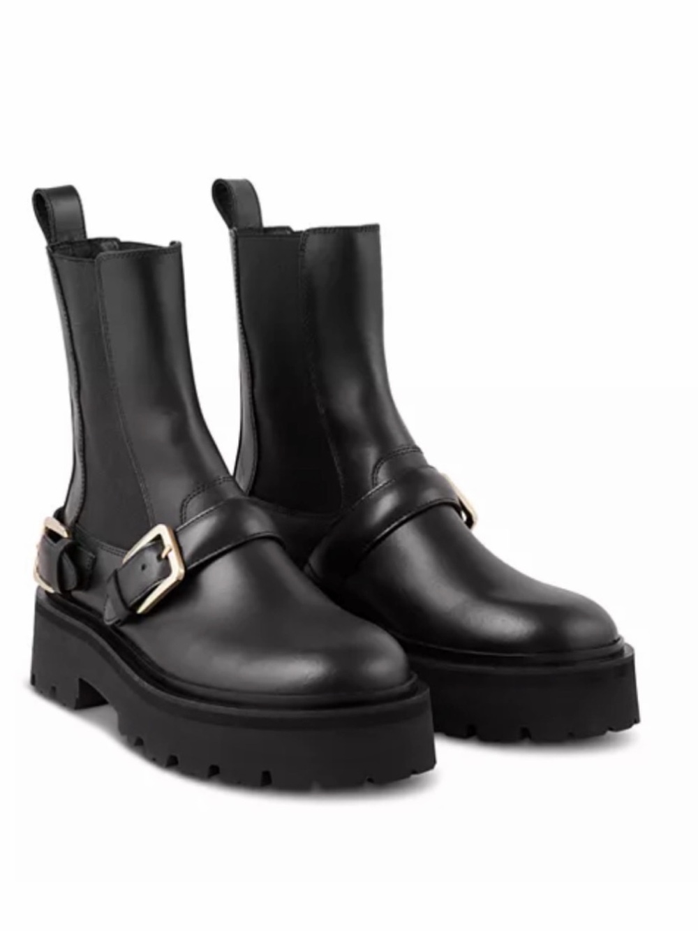 NWOB Sandro Helen Buckled Lug Sole Platform Chelsea Boots Black Leather Size 5